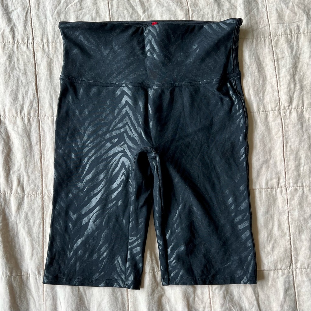 SPANX Black High-Rise Bike Shorts with Subtle Zebra Print